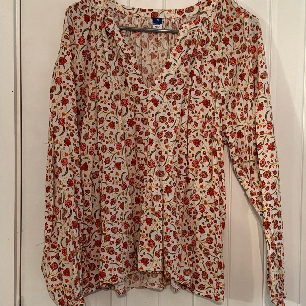 Old Navy Red and Cream Patterned Blouse